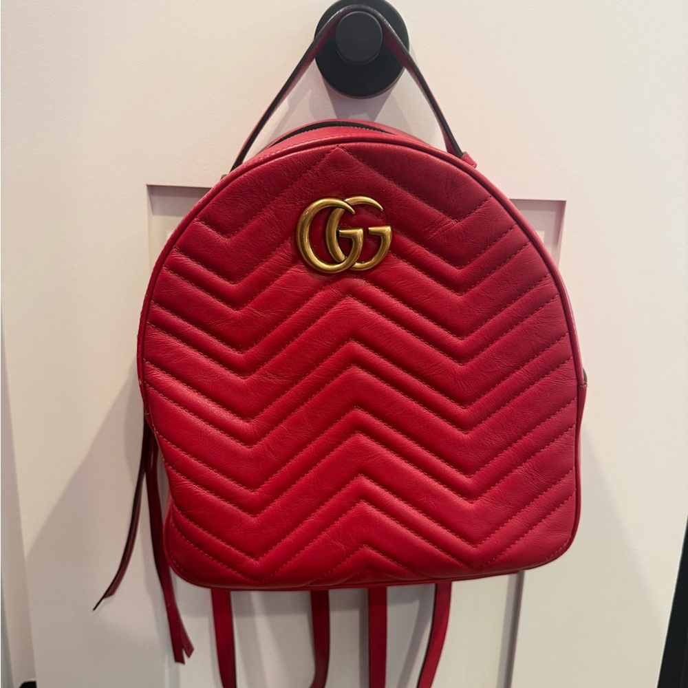 Gucci Red Chevron Quilted Leather Mini Backpack with Gold GG